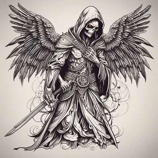 Angel Of Death, In A Black Tattered Cloak With A Hood, With Red Eyes With A Glare, With A Katana Tattoo tattoo design in new-school style with death, angel, katana, cloak, red eyes, hood features