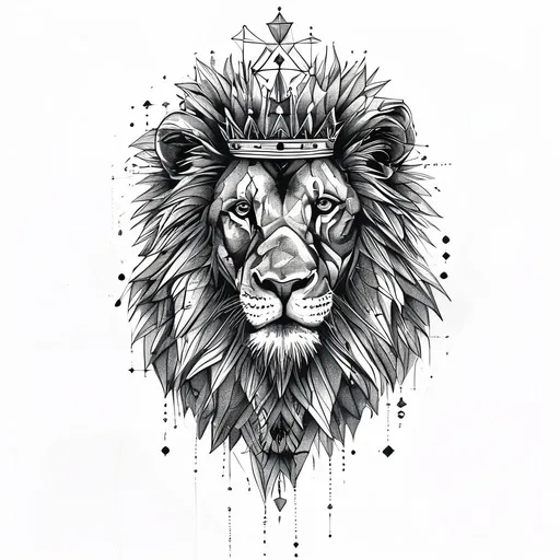 Crowned lion tattoo design in geometric style with wildlife, animal, lion, crown, regal features