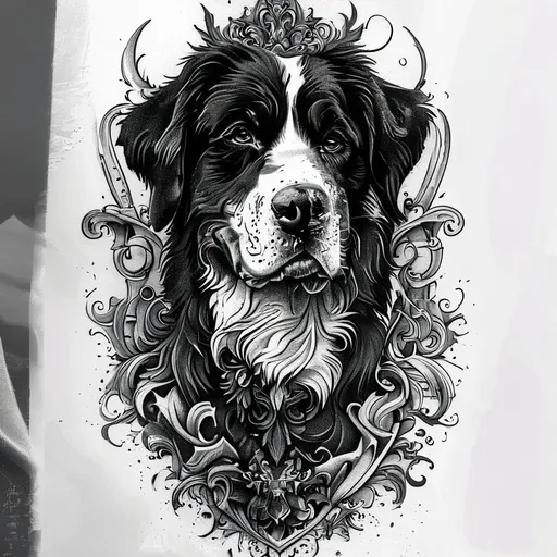 Bernese Mountain Dog tattoo design in gothic style with mountain, dog, canine, breed, Bernese features