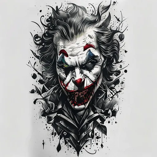 joker tattoo design in surrealism style with comics, clown, villain, joker, dc features