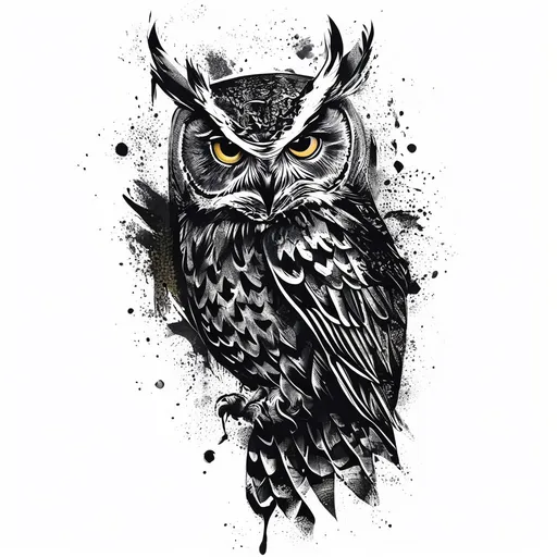 owl tattoo design in stencil style with nature, bird, owl, wisdom features