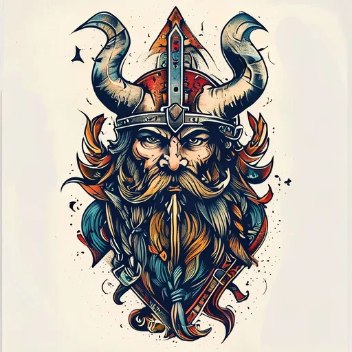 viking tattoo design in traditional style with mythology, warrior, shield, norse, runes, viking, axe features