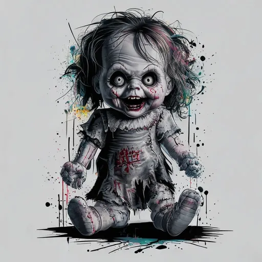 Creepy doll tattoo design in graffiti style with vintage, horror, spooky, creepy, doll features