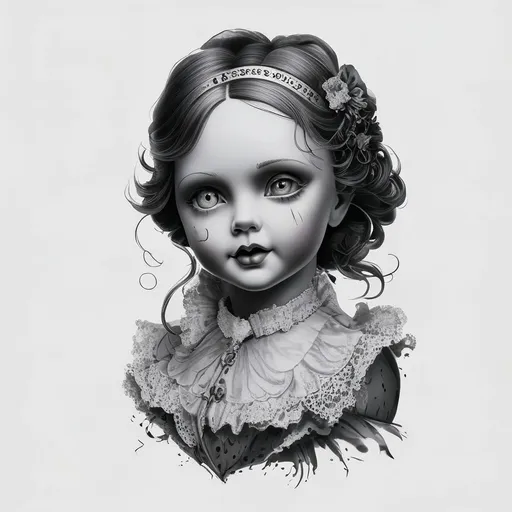 Gothic porcelain doll tattoo design in minimalist style with gothic, vintage, creepy, doll, porcelain features