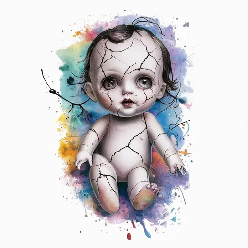 Broken doll tattoo design in watercolor style with vintage, artistic, broken, creepy, doll features