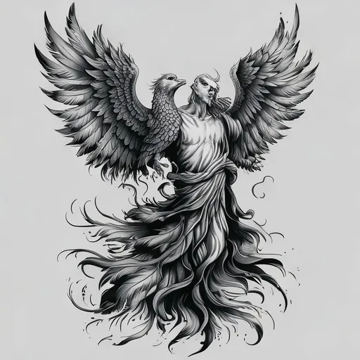 God and the Phoenix tattoo design in black-grey style with mythical, spiritual, phoenix, rebirth, god features