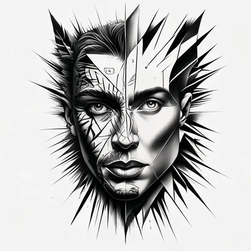 Half man face half geometric lines tattoo design in black-grey style with geometric, abstract, artistic, lines, half face features