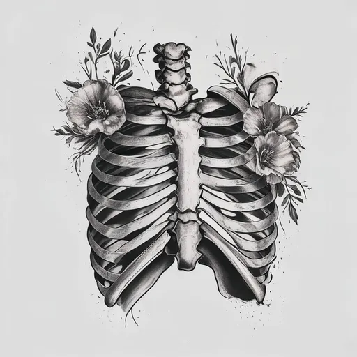 Ribs bones with flowers coming out the bones sides  tattoo design in black-grey style with nature, floral, flowers, bones, ribs features
